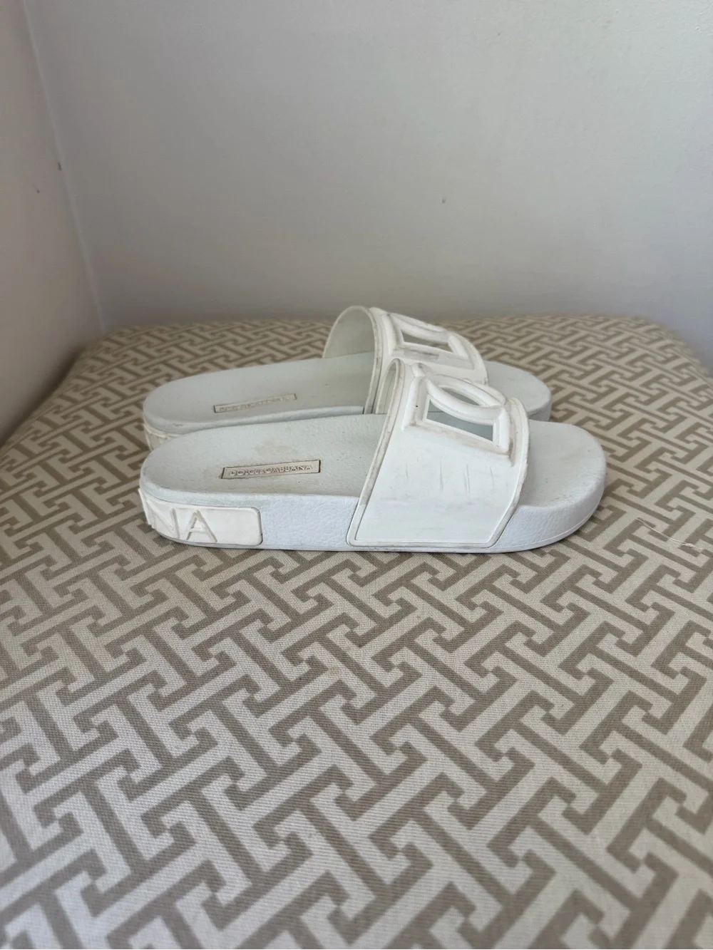 Dolce & Gabbana White Logo Slide Sandals + White Jimmy Choo Slide Sandals